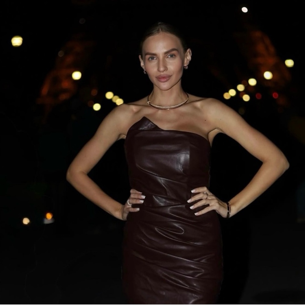 Elegant Brown  leather Strapless Dress
